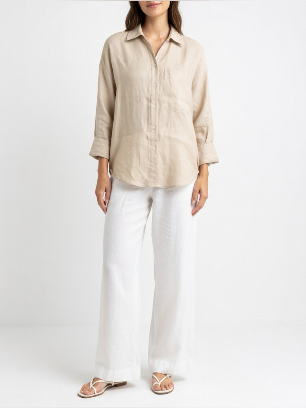 Zara Beige Linen Long Sleeve Button-Down Shirt